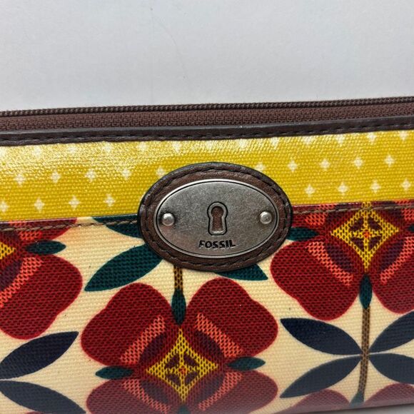 Fossil Key Per Red Yellow Floral Coated Canvas Card Zip Wallet Vintage - Picture 2 of 10